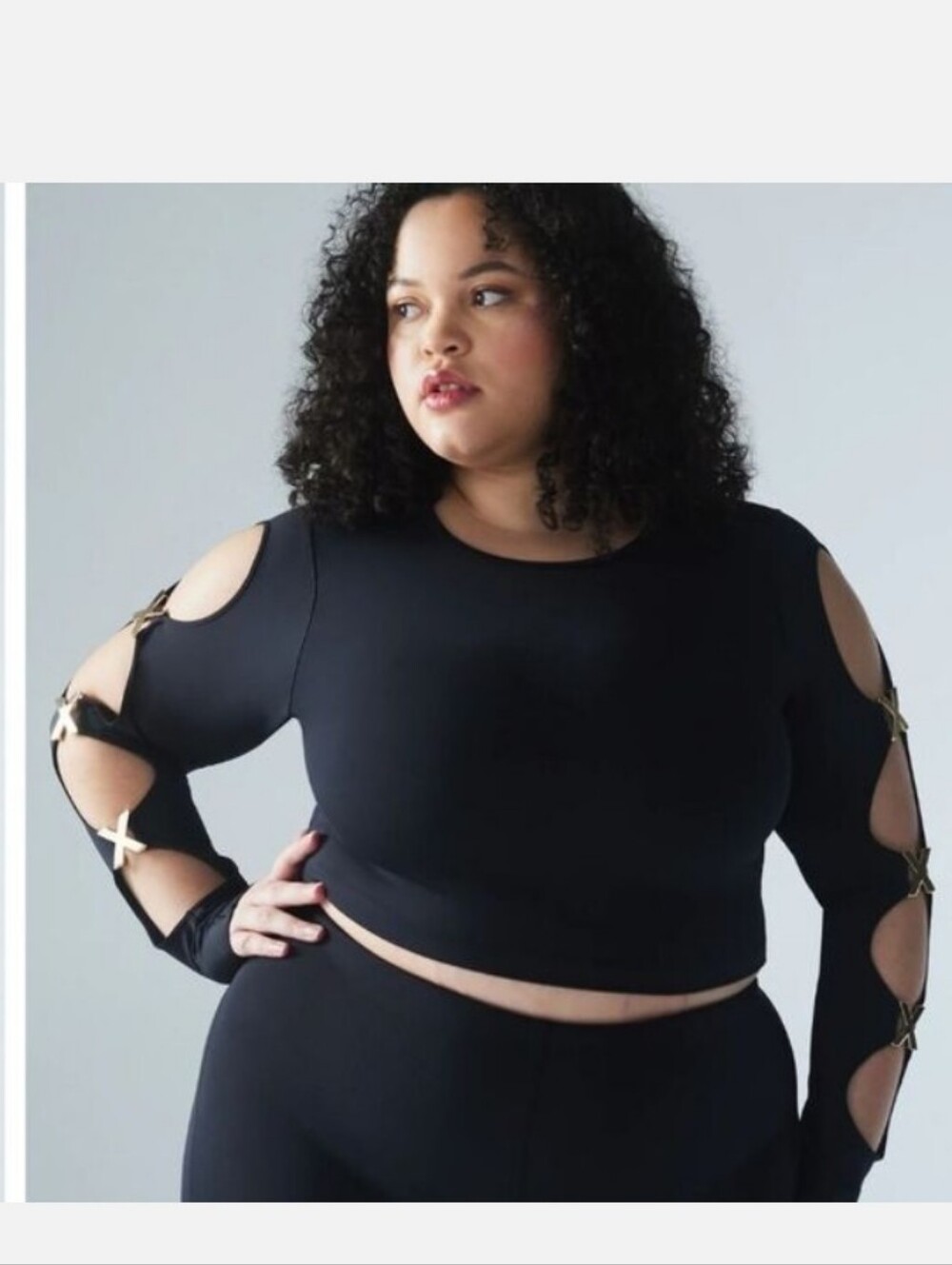 Savage X Fenty Black Cold-Shoulder Crop Top with Gold X-Strap Details
